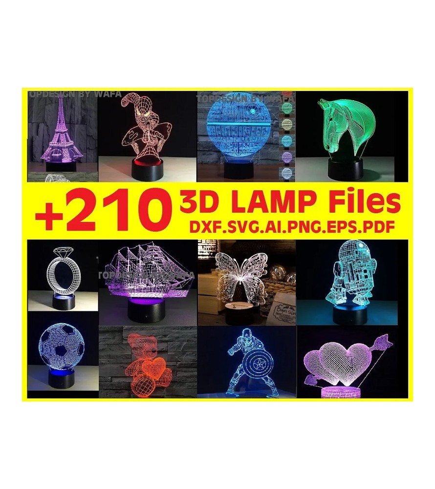 Set da 210 file Vettoriali 3D di Lampade LED incise su acrilico con Laser o CNC